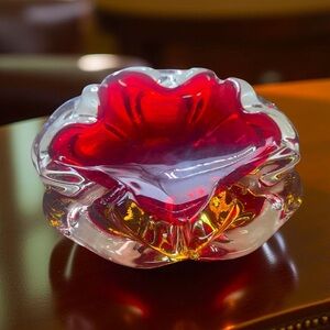 Vintage Murano Ruby Red Art Glass Star Flower Bowl